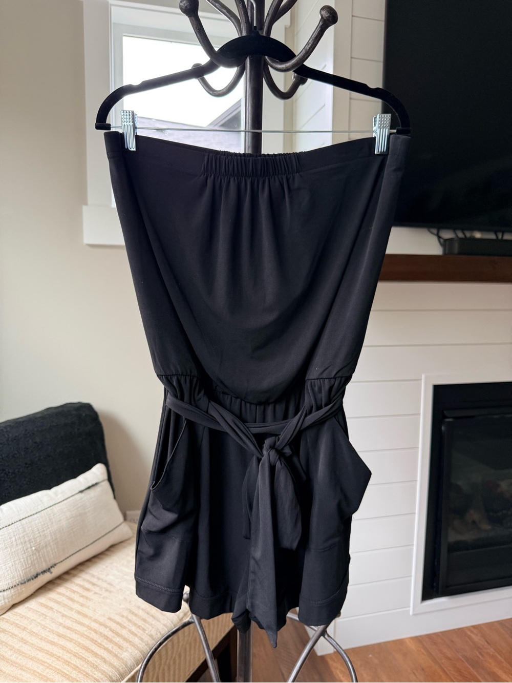 White House Black Market Black Strapless Short Romper with Waist Tie